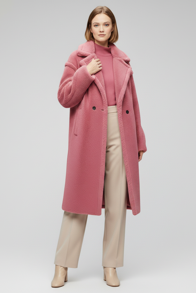 Woman wearing a pink coat and beige pants on a gray background