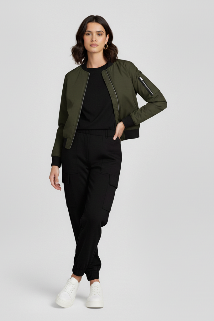 Woman wearing a green bomber jacket and black pants on a light gray background