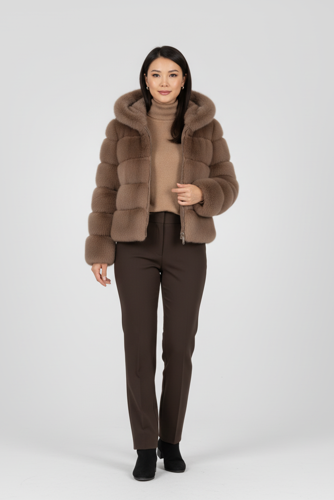 Woman adjusting the FERALYN faux fur jacket during a cold-weather moment.