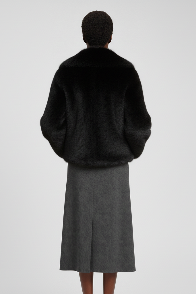 Woman adjusting the collar of the RAELORA faux fur coat in a lifestyle scene.