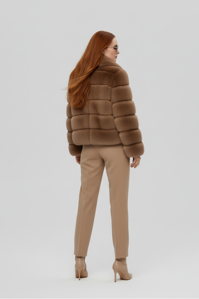 Woman adjusting the collar of the VELARIE faux fur coat in natural light.