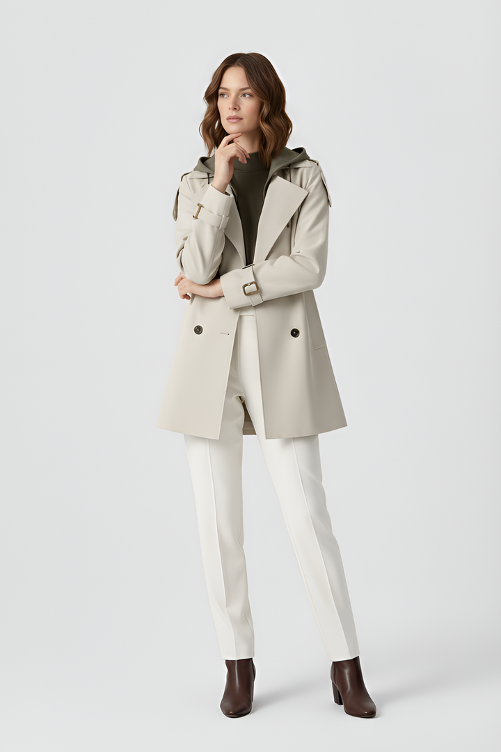Woman wearing a beige trench coat on a white background