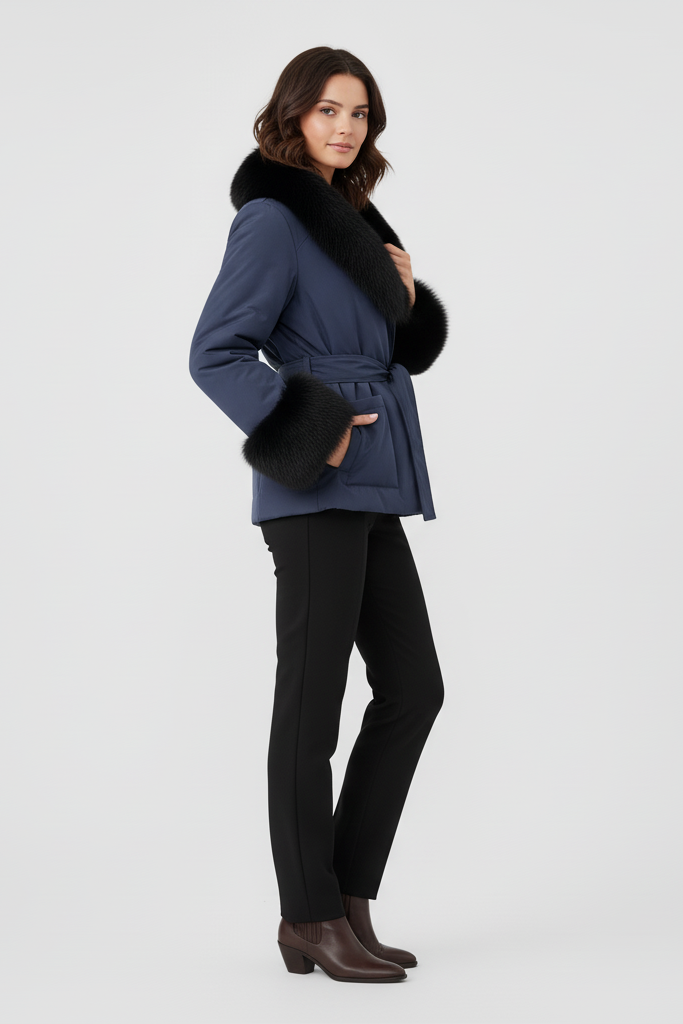 Woman wearing a blue coat with black fur trim on a white background