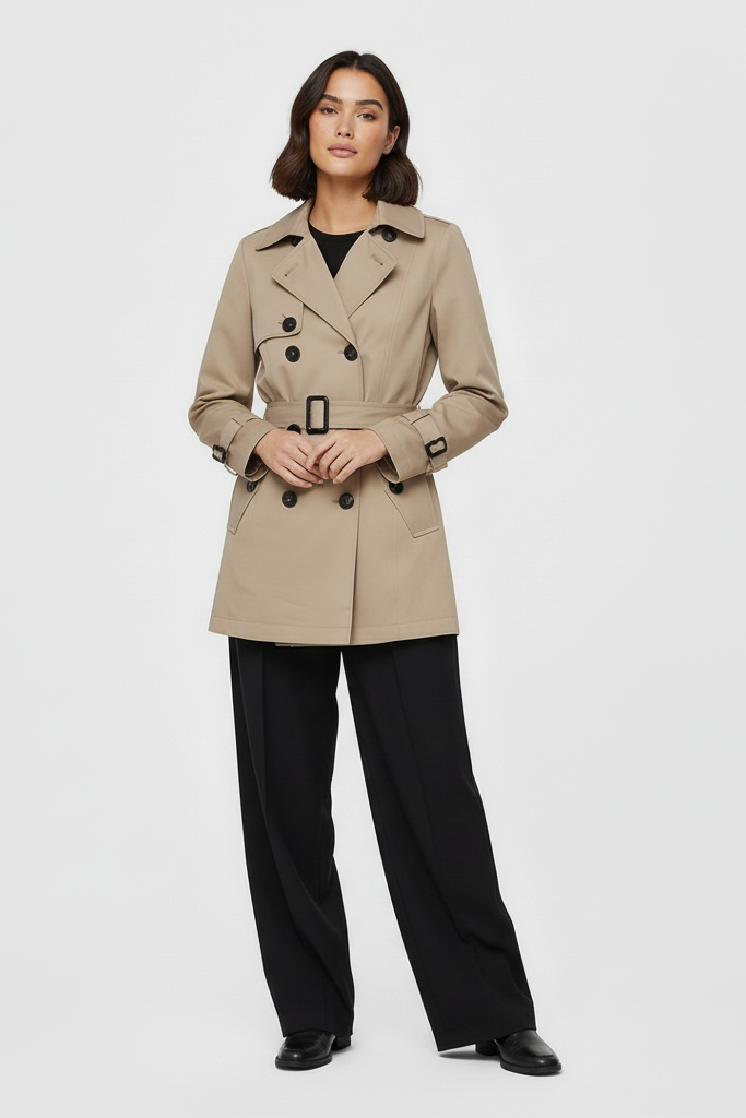 Woman wearing a beige trench coat and black pants on a white background