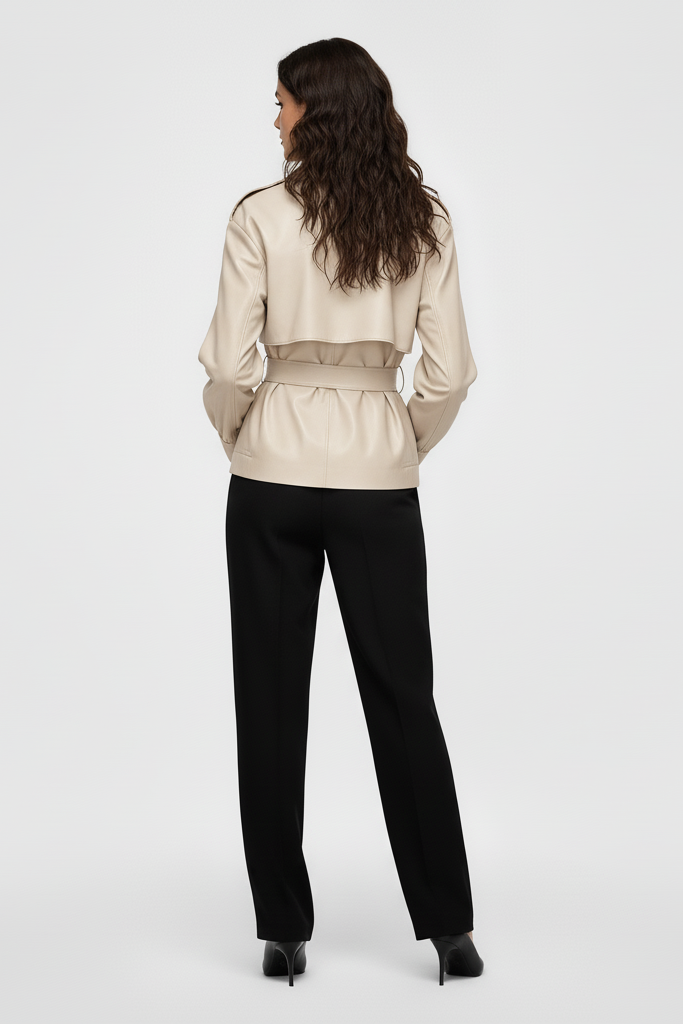 Woman wearing a beige jacket and black pants on a white background