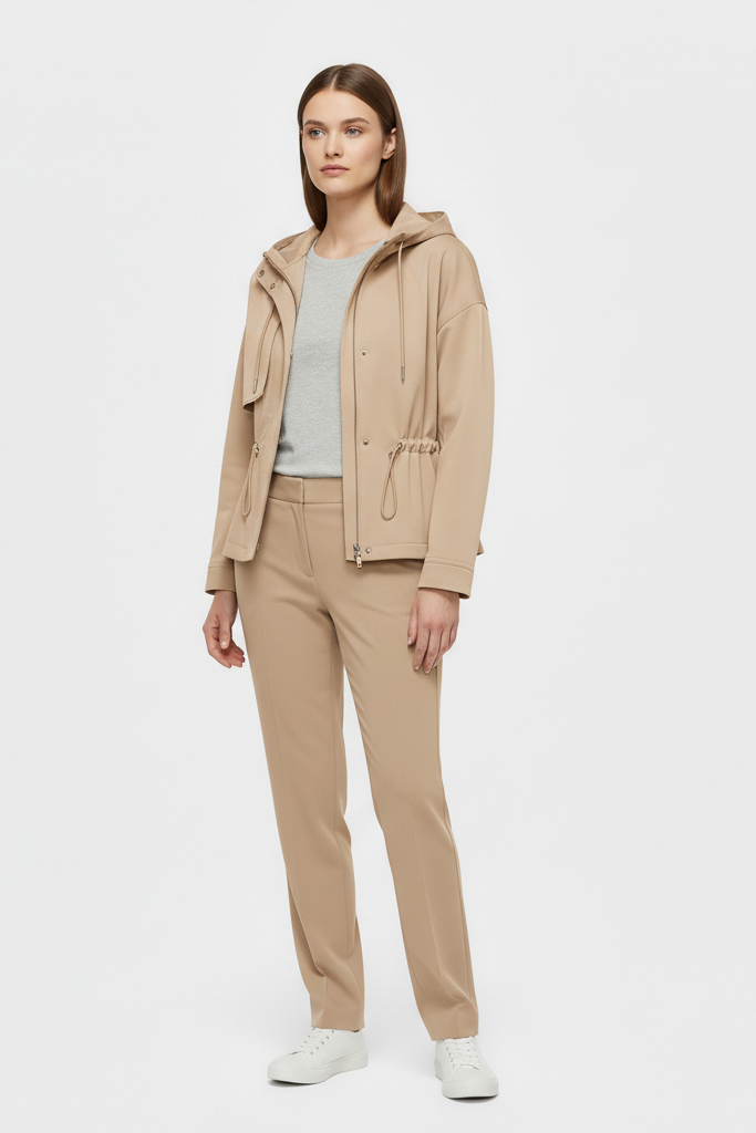 Woman wearing a beige jacket and pants on a white background