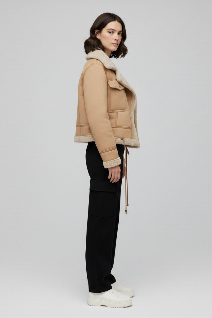 Woman wearing a beige shearling jacket on a white background