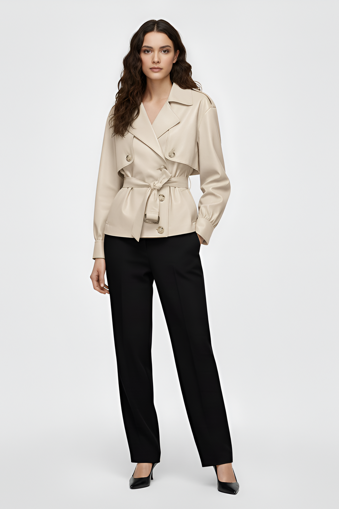 Woman wearing a beige trench coat and black pants on a white background