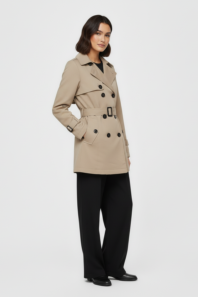 Woman wearing a beige trench coat on a white background