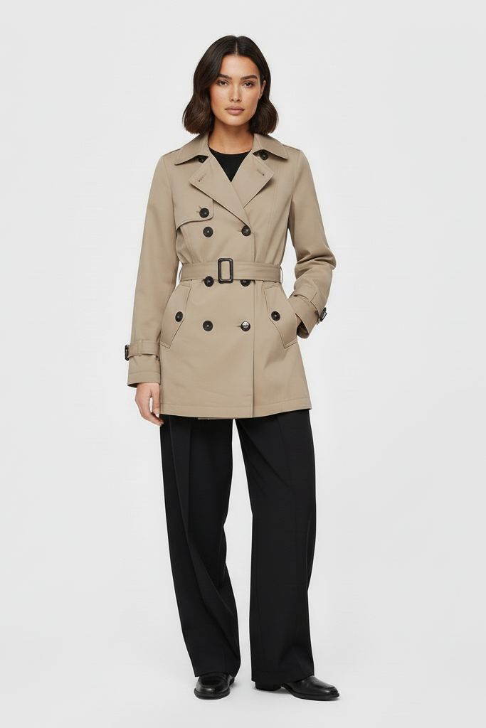 Woman wearing a beige trench coat on a white background