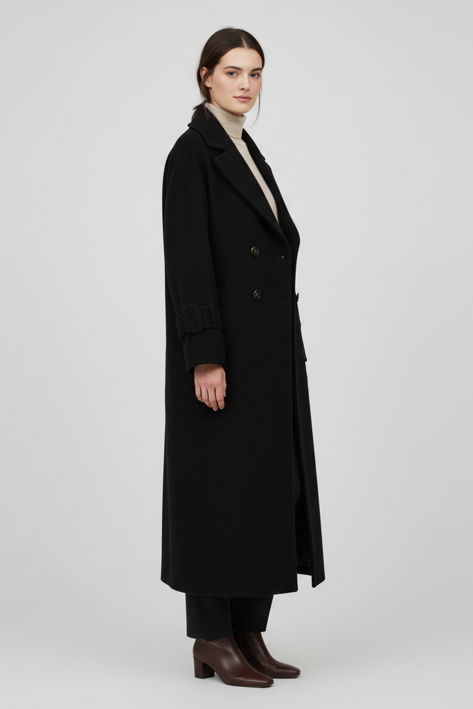 Woman wearing a black coat on a white background