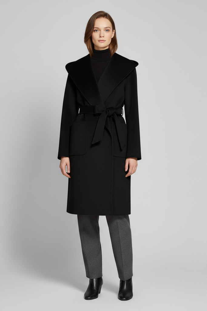 Woman wearing a black coat on a gray background