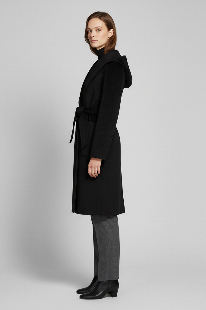 Woman wearing a black coat on a gray background