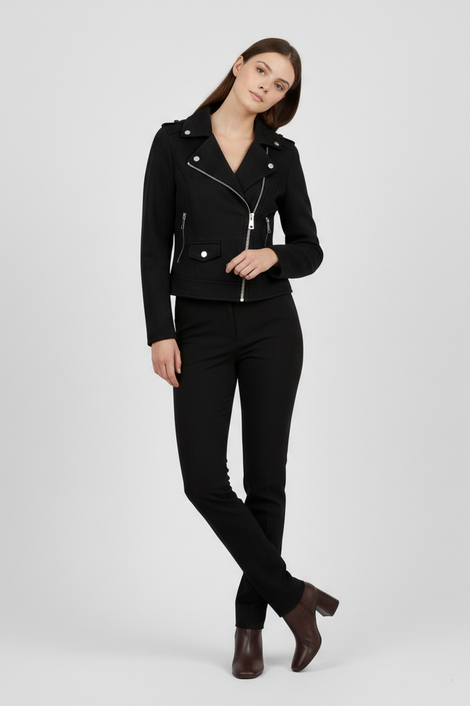 Woman wearing a black leather jacket and pants on a white background