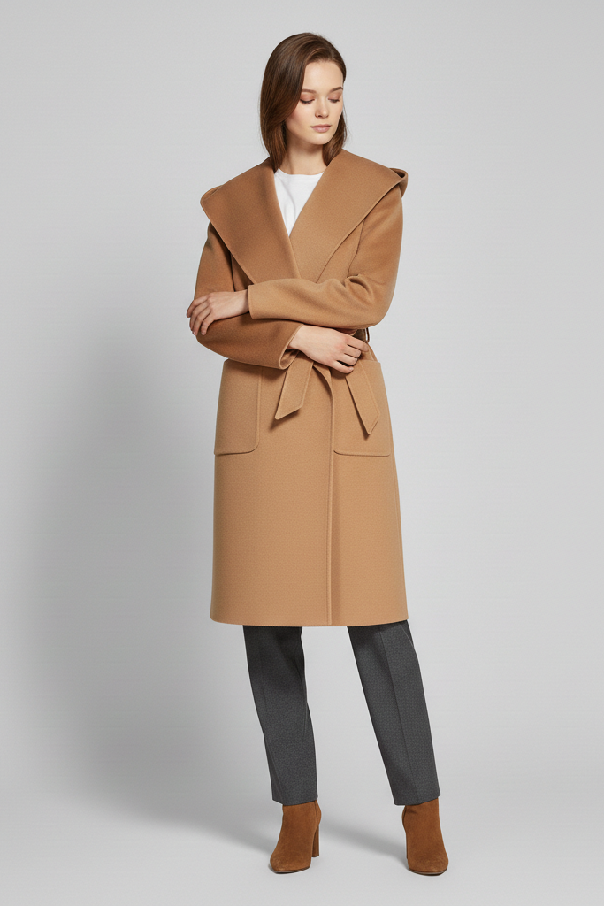 Woman wearing a brown coat on a gray background