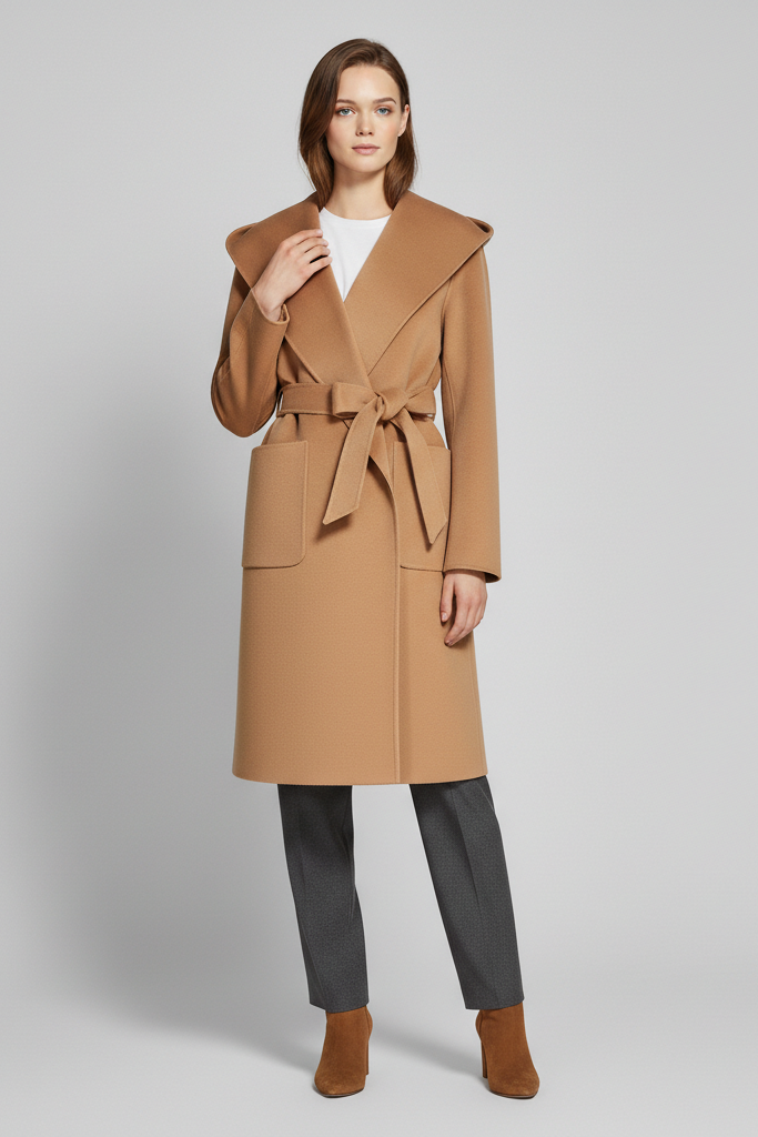 Woman wearing a brown coat on a gray background