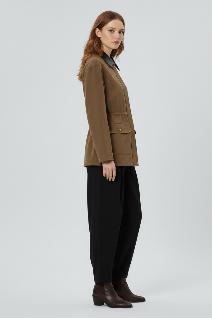 Woman wearing a brown jacket and black pants on a light gray background