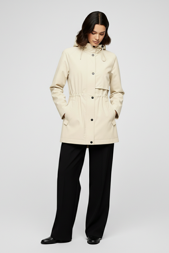 Woman wearing a beige coat and black pants on a white background