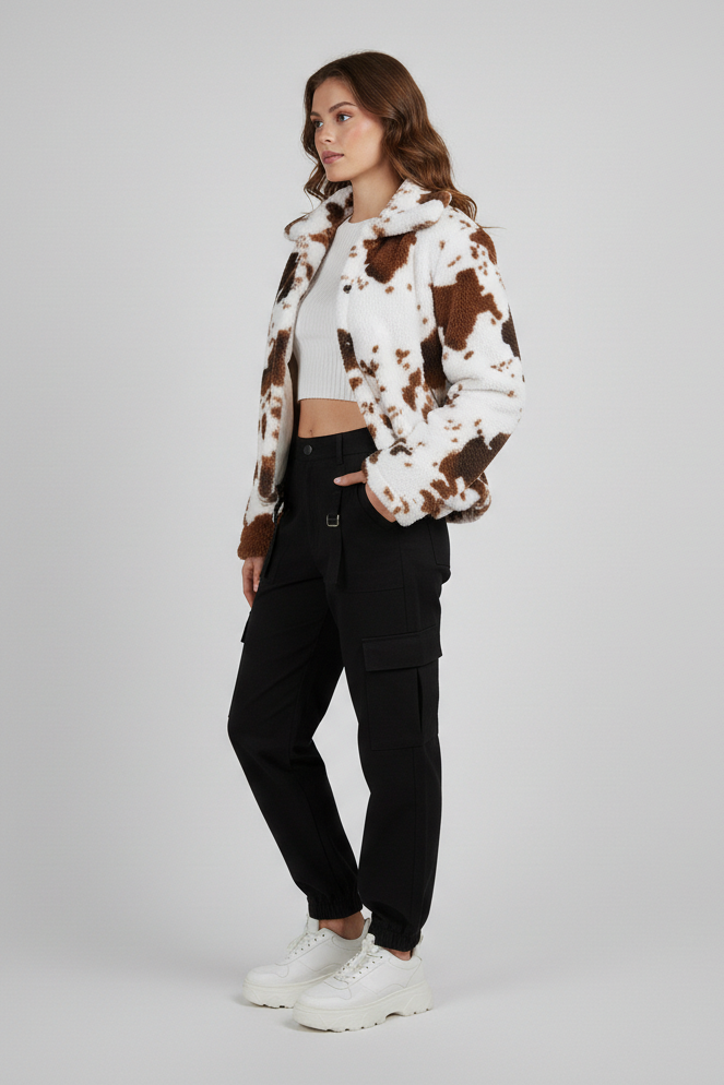 Woman wearing a cow print jacket and black pants on a gray background