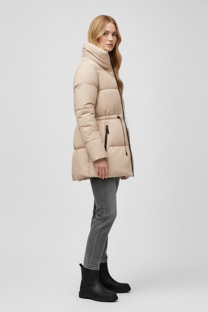 Woman in gray puffer coat, white top, and jeans standing on steps.