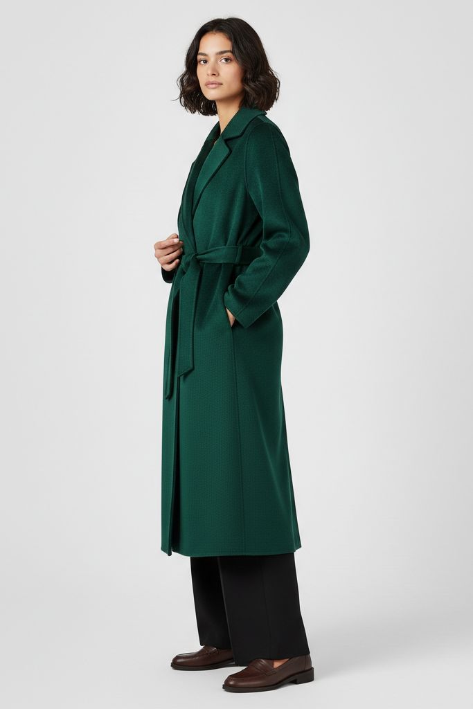 Woman wearing a green coat on a white background