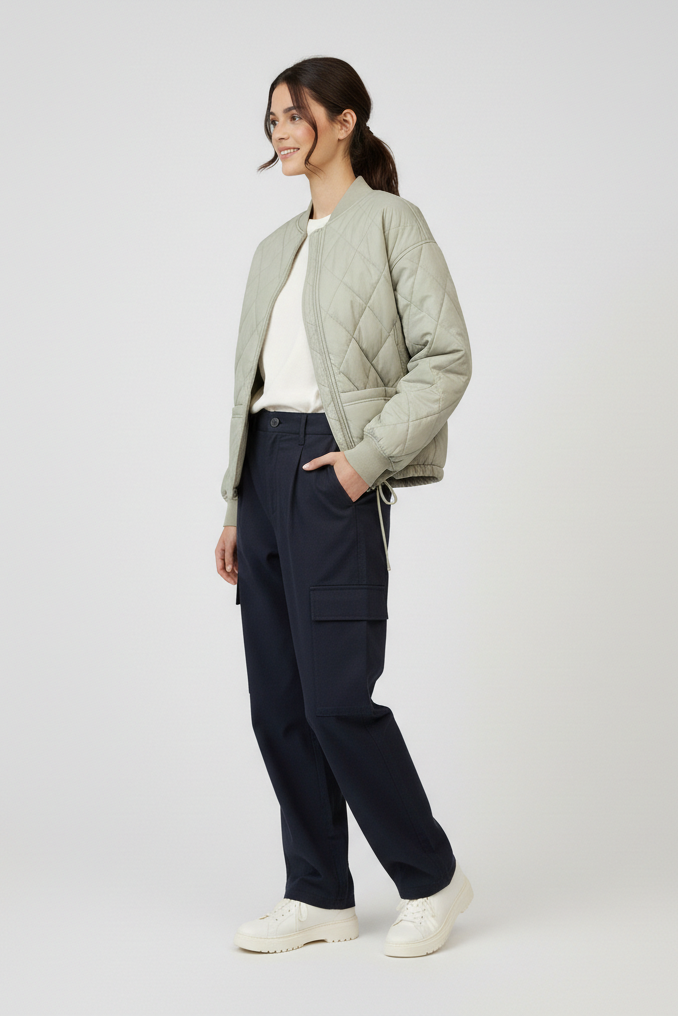 Woman wearing a light green quilted jacket, white shirt, dark pants, and white sneakers on a white background