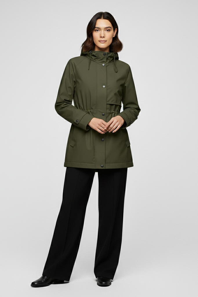 Woman wearing a green raincoat on a white background