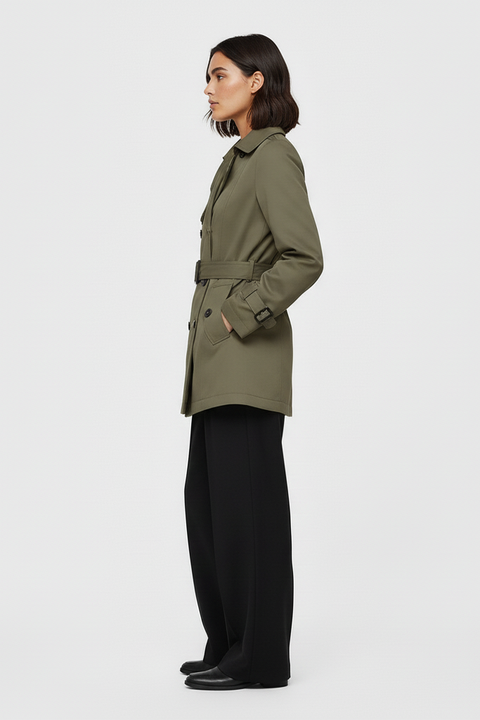 Woman wearing a green trench coat and black pants on a white background