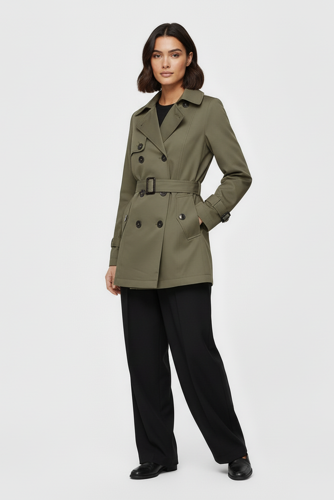 Woman wearing a green trench coat on a white background