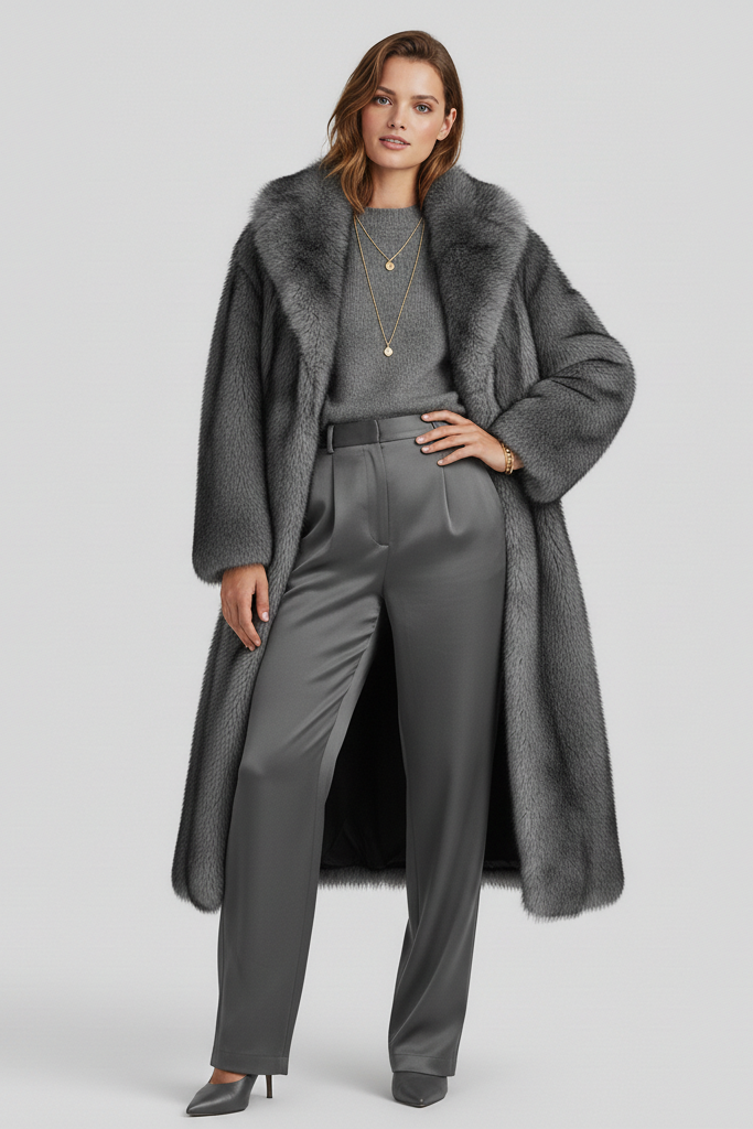 Woman wearing a long gray coat with fur trim on a light gray background