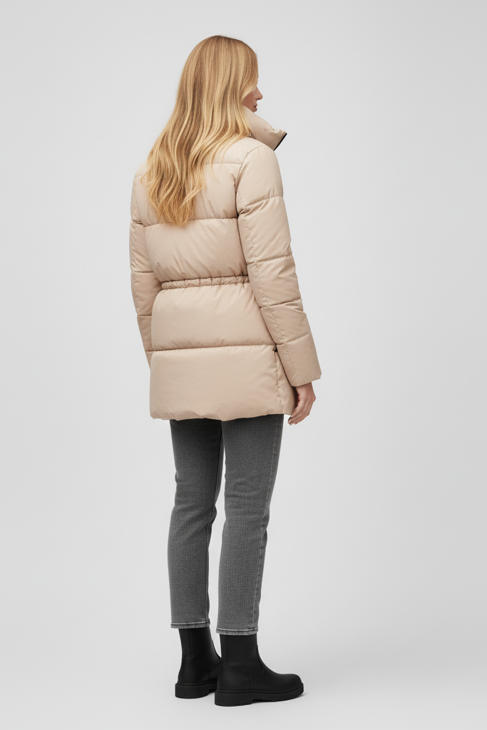 Woman in stylish winter outfit with beige coat, white pants, and black boots standing on steps.