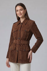 ESTELLE – Chocolate Brown Suede Belted Jacket