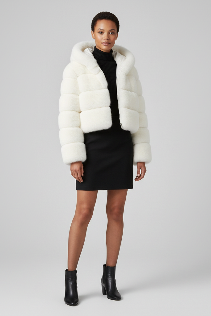 Woman posing outdoors in the warm hooded VELMIRA faux fur winter jacket.