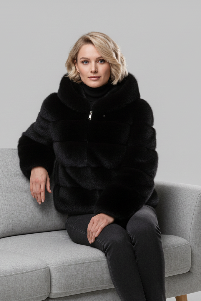 Woman standing outdoors wearing the LIREN faux fur hooded jacket.
