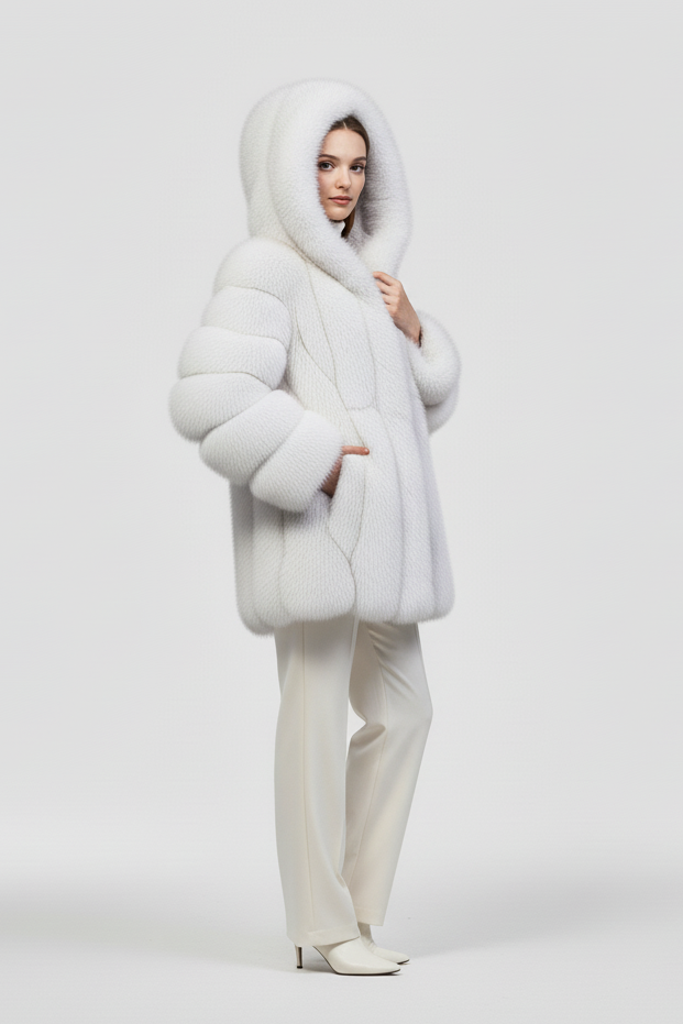 Woman styling the MYRALYN hooded faux fur coat during a cold day.