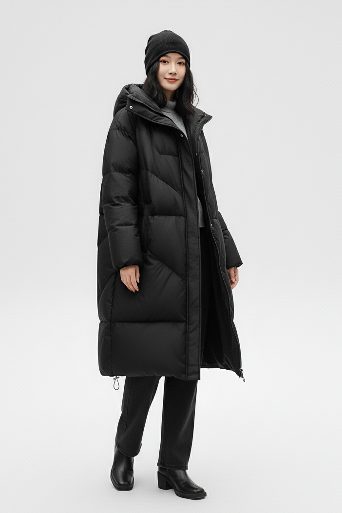 Woman walking wearing black Hooded Down Coat