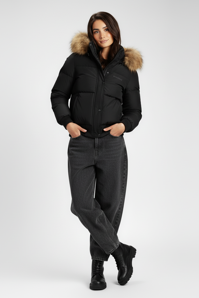 Woman walking wearing black Hooded Down Coat