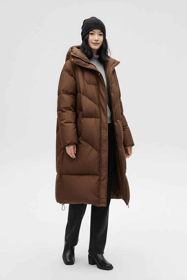 Woman walking wearing brown Hooded Down Coat winter outfit