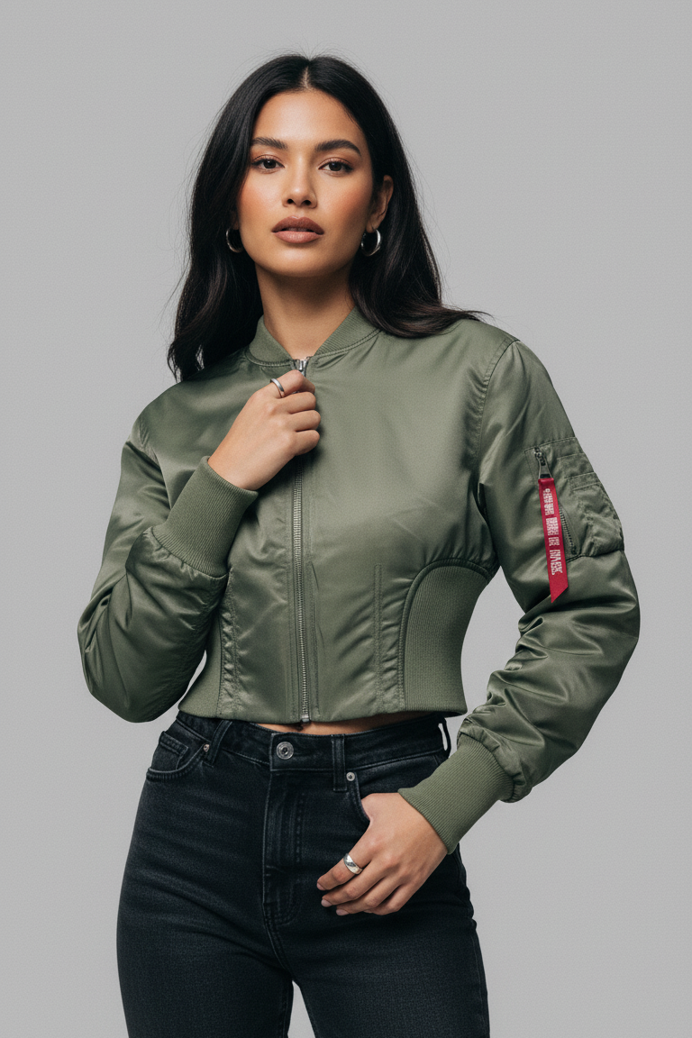 Woman wearing AERLYN Cropped Bomber Jacket in olive green with baseball collar and front zipper.