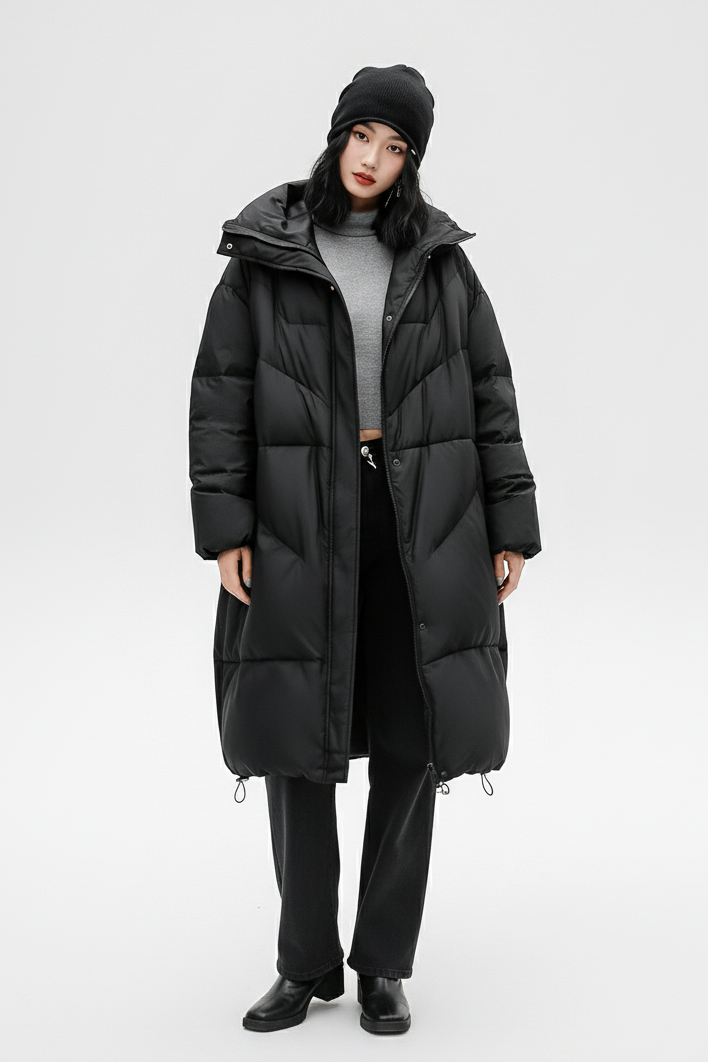 Woman wearing ALVOREN black Hooded Down Coat front view