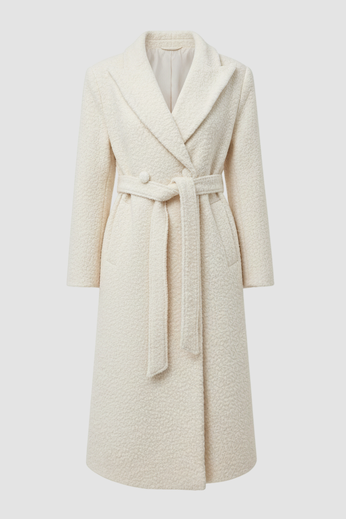 Woman wearing EZWEAR Wool Blend Long Coat in white, walking in a bright winter street.