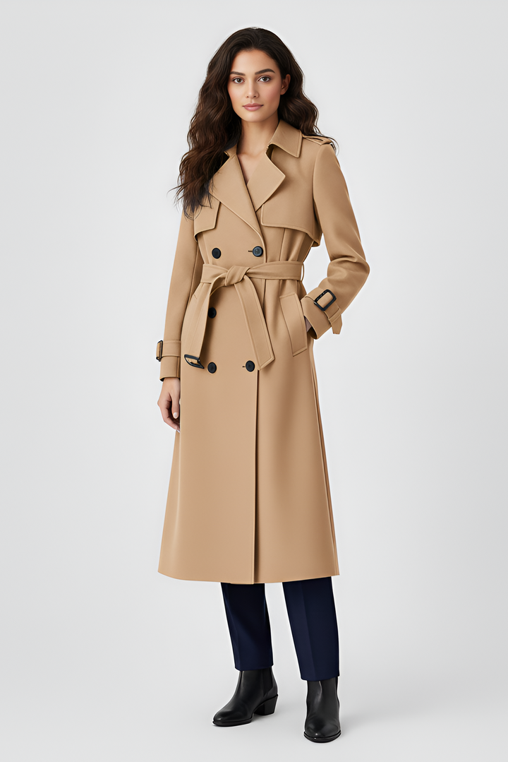 Woman wearing a beige trench coat on a white background