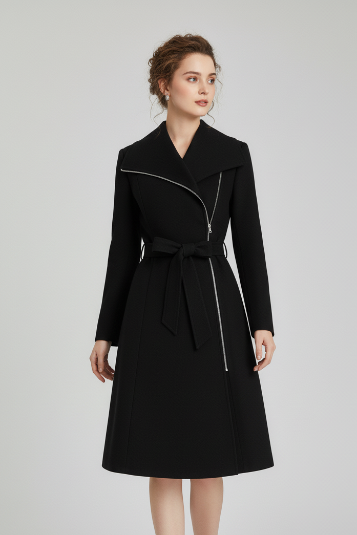 Woman wearing LEONA Wool Blend Long Coat in black, walking outdoors with elegant autumn look.