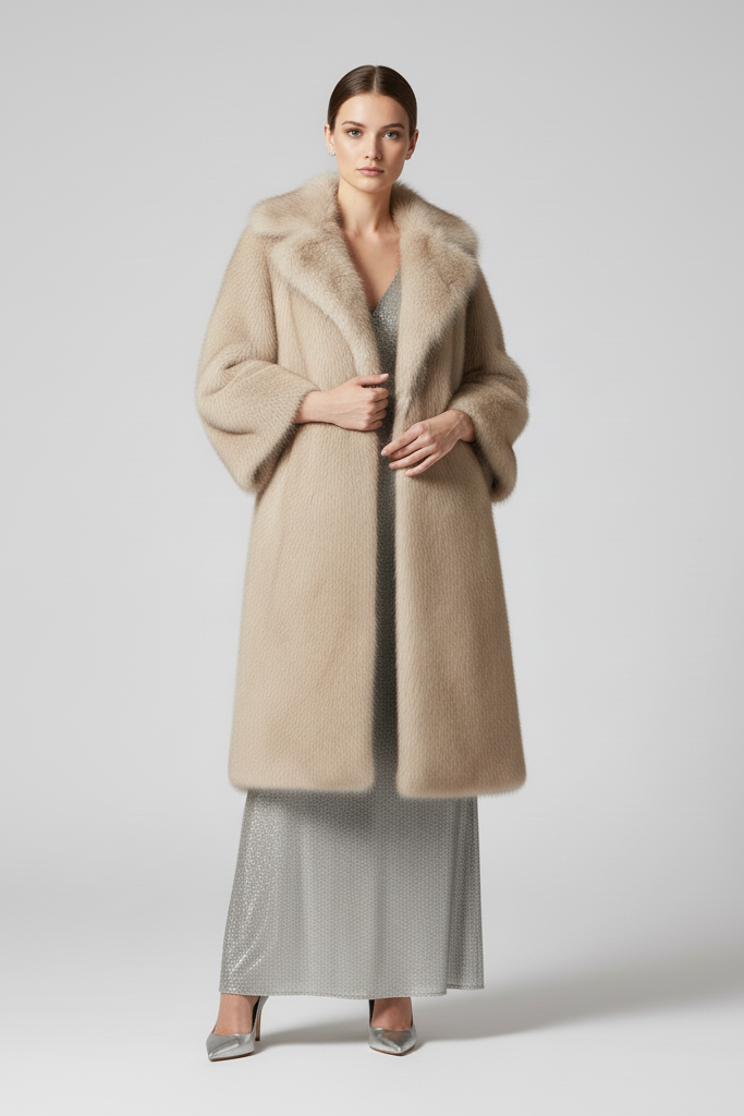 Woman wearing MAWEII Faux Fur Long Coat in pale gray walking confidently in city street.