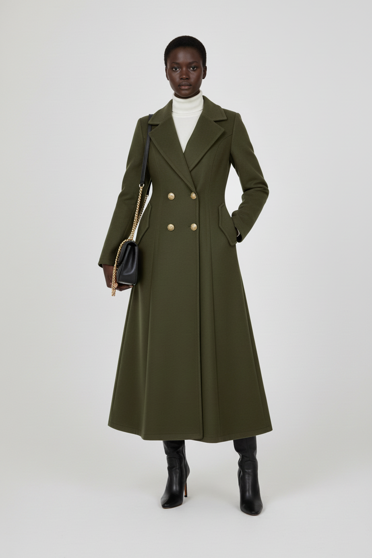 Woman wearing MAWEII Wool Blend A-Line Coat in teal green, walking confidently with retro elegance.