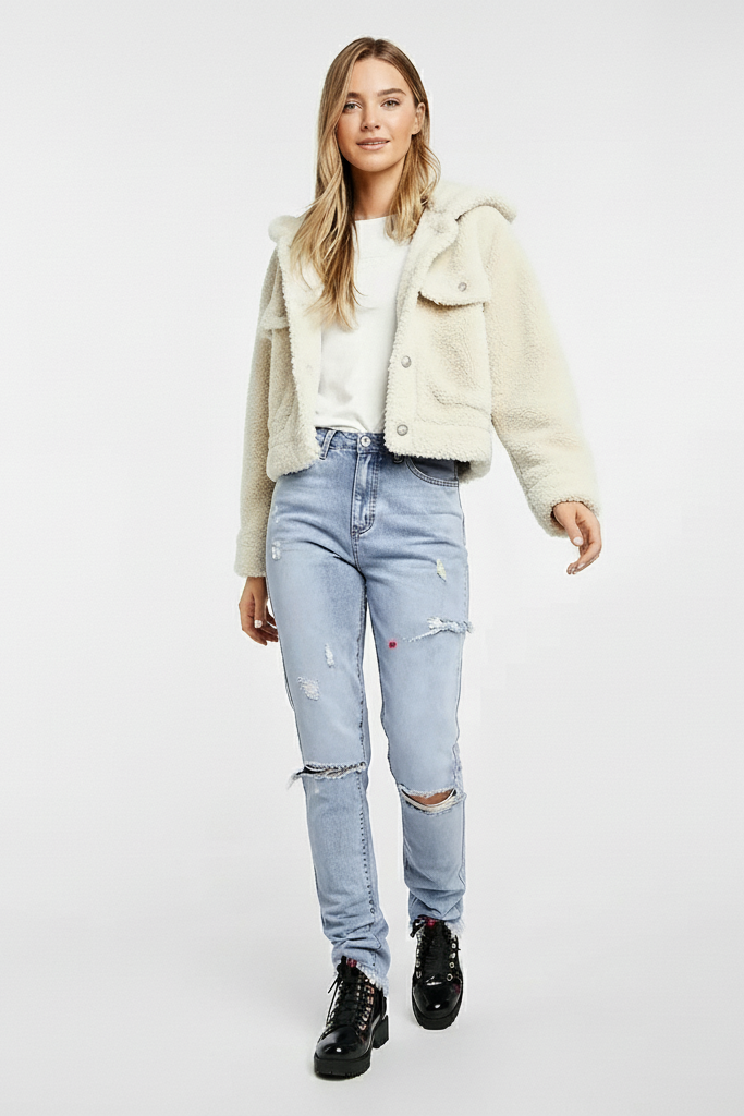 Woman wearing MYRALI Winter Fleece Jacket in cream, front studio view.