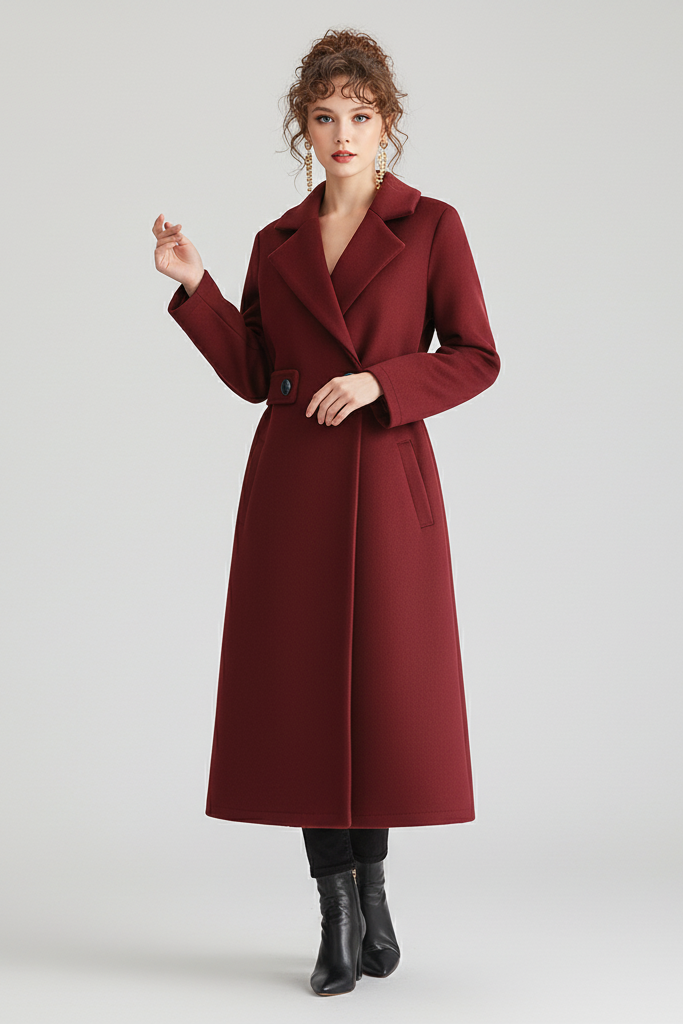 Woman wearing SMILE CHIC Wool Blend Belted Coat in khaki, walking confidently outdoors.