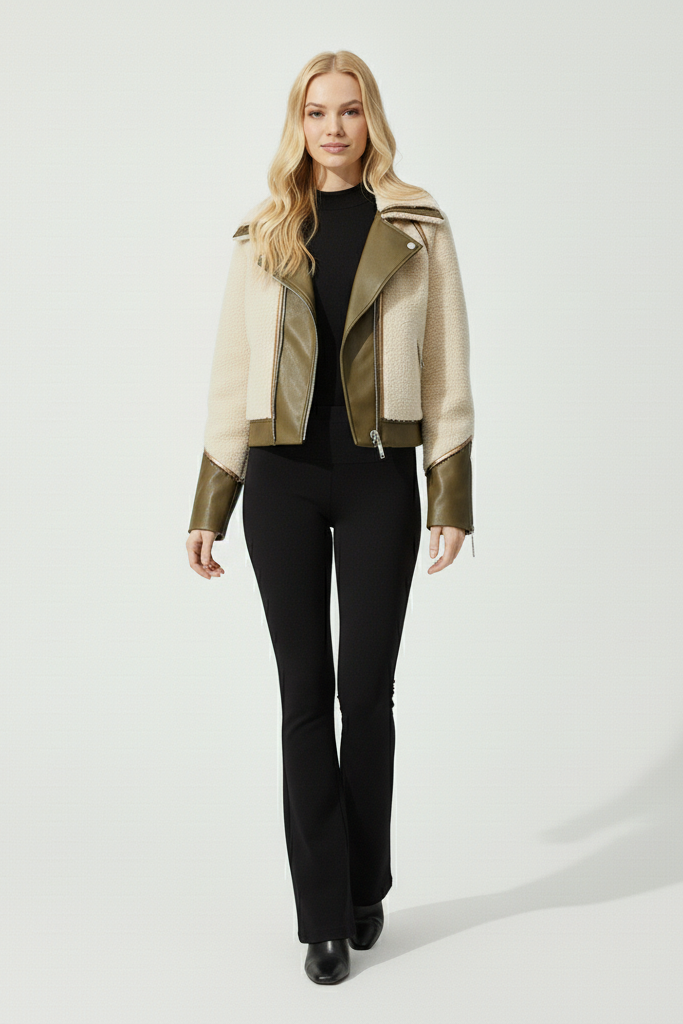 Woman wearing VERLIA Winter Teddy Jacket in cream and olive, walking in studio.