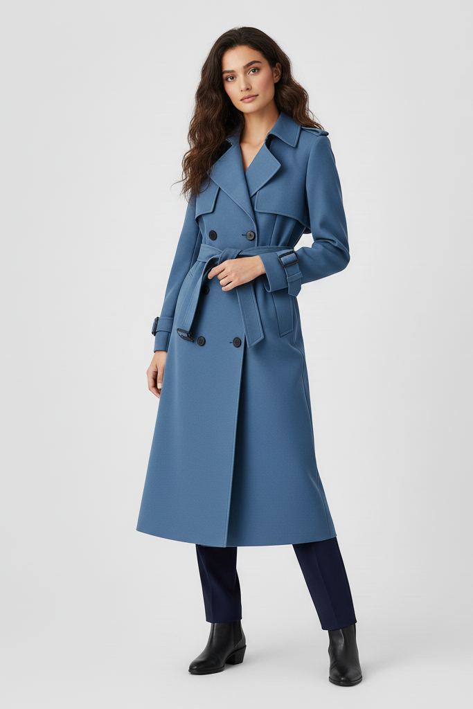 Woman wearing a blue trench coat on a white background