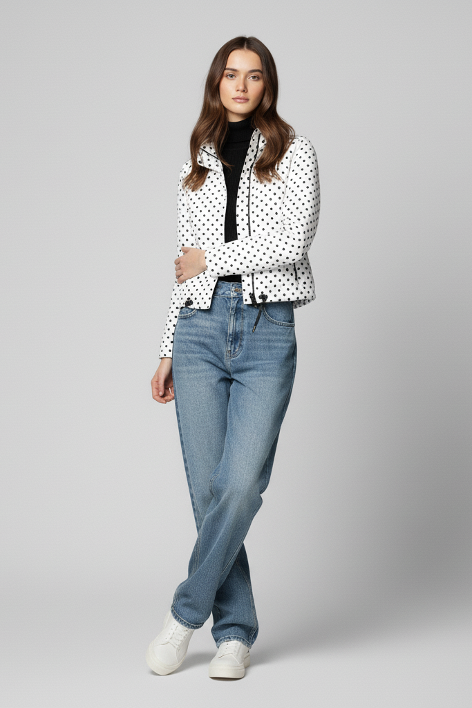 Woman wearing a polka dot jacket, black top, blue jeans, and white sneakers on a gray background